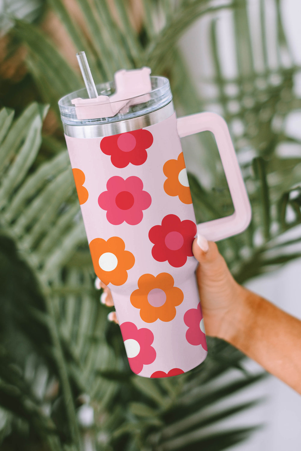 Multicolor Flower Print Handled Stainless Steel Tumbler