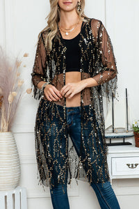 Black Sequin Sheer Casual Open Front Cover Up