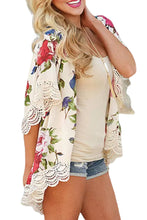 Beige Floral Print Kimono with Scalloped Lace Splicing